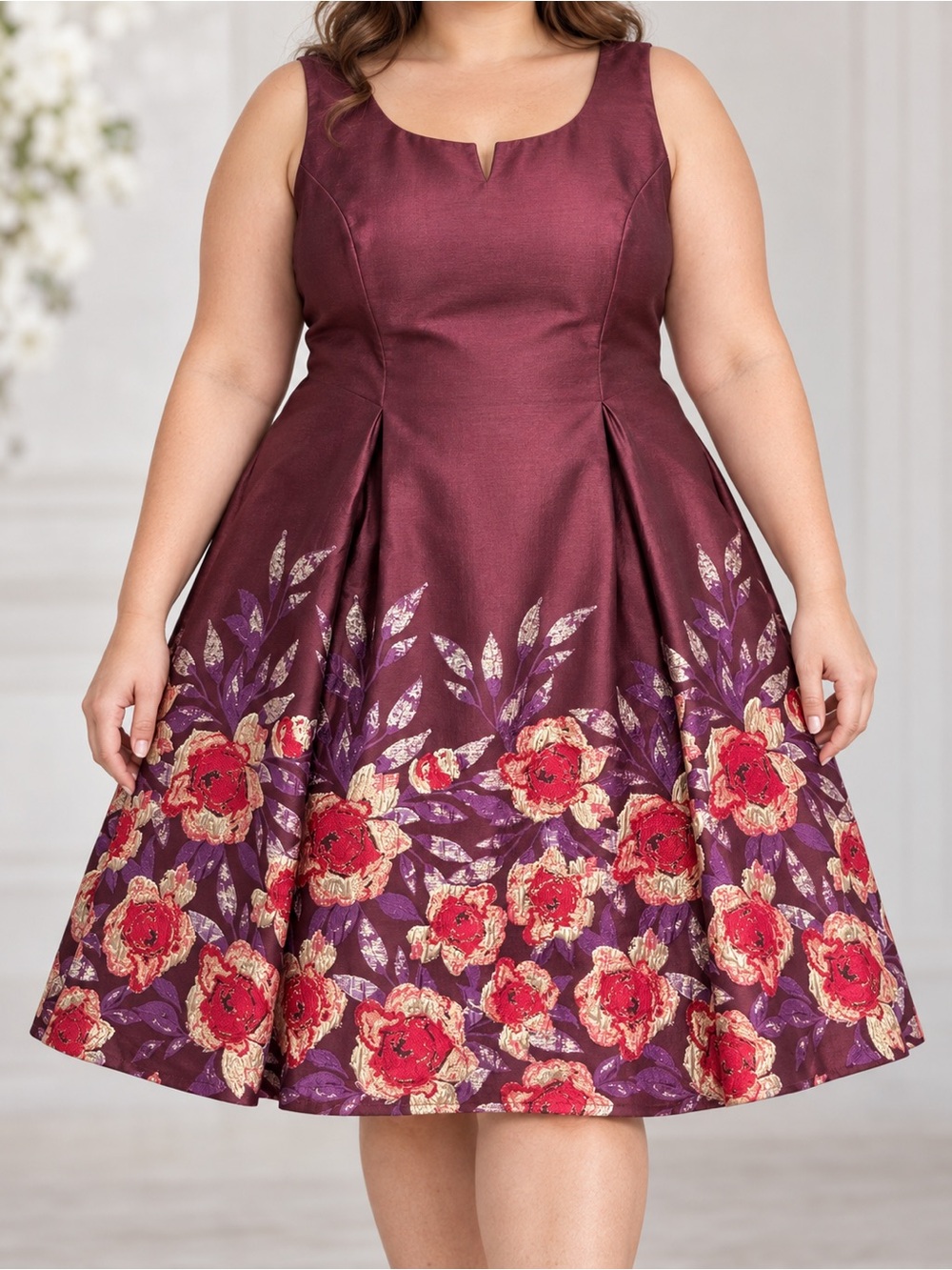 Adrianna Papell Dress Women Plum Floral Notch Scoop Neck Midi 24W Pockets NWT